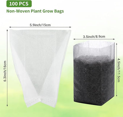 GREANER 100PCS Biodegradable Plant Bags, 5.9x6.3 inches Non Woven Seedling Bags for Planting, Garden Seed Starters Pouchs for Vegetables, Flowers, Indoors and Outdoor Use