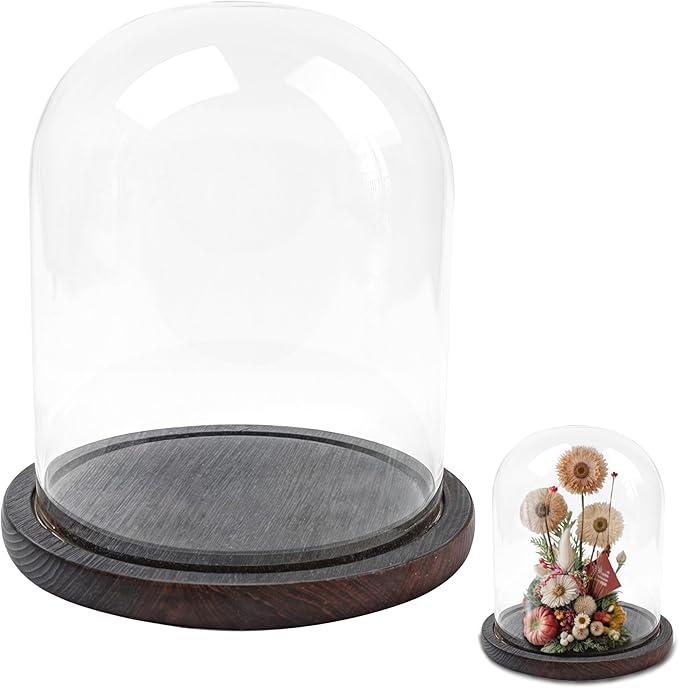 Glass Dome with Base for Display, Wooden Cloche Bell Jars 5.9" x 7.87" Case Cover Large Terrarium Cloches Pocket for Watch Flower Small Plastic Ornament Candle Plant Decorative Home Party Wedding Decor