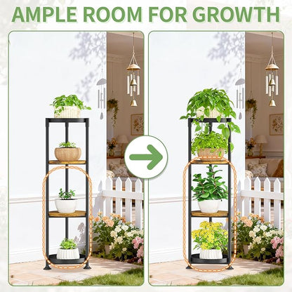 KMOTASUO 4 Tier Black Plant Stand Indoor for Large Tall Heavy Duty Planter, Multiple Sturdy Metal Flower Corner Rack for Narrow House Floor, Iron Vertical Level Round Orchi Holder Organizer, Modern