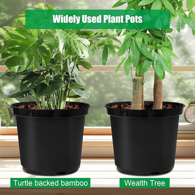 5 Gallon Nursery Pots 10-Pack, 12 Inch Plastic Planter with Drainage Holes – Round, Sturdy, Deep Design for Indoor/Outdoor Plants