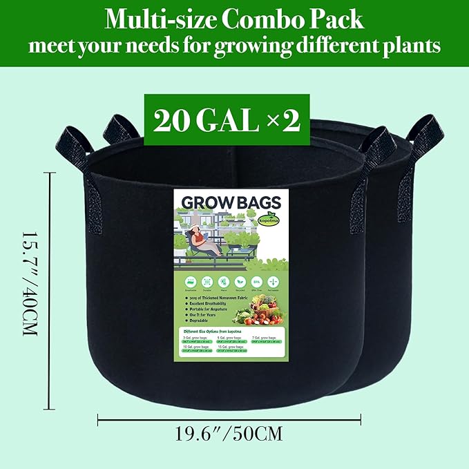 2Packs 20Gallon Grow Bags, Fabric Plant Grow Bags Fabric Planters, Garden Bgas Fabric Pots, 300g Non-Woven, Black