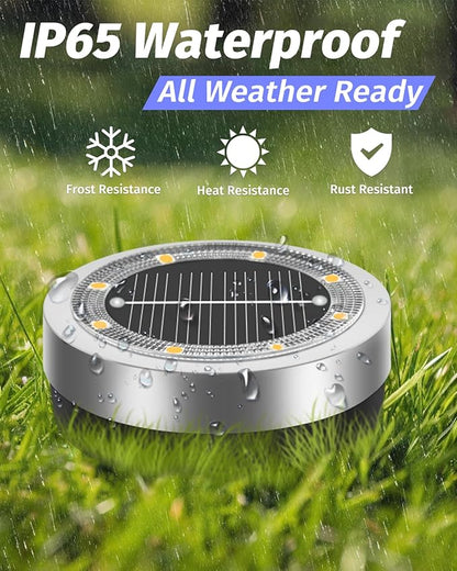 Mini Solar Ground Lights Outdoor 16 Pack Waterproof Upgraded Anti-Rust Solar Flat Garden Lights Stainless Steel Solor Powered Disc Landscape Light for Pathway Walkway Yard Lawn Patio-Warm White