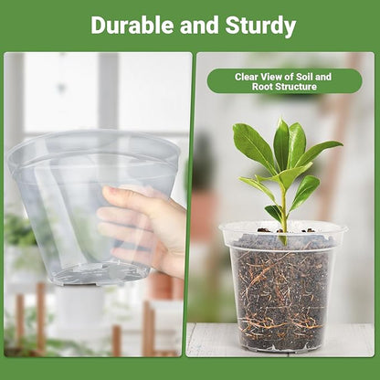 GREANER 6 Inch Nursery Pots, 15 Packs Clear Seeding Pots, Reinforced Plastic Nursery Pots with Drainage Holes, Transparent Garden Pots Planter for Indoors Outdoor Plants(20 Pcs Plant Labels)