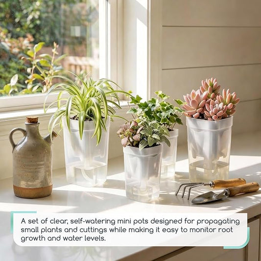 12 Pack 2.5" Small Self-Watering Planter Pots - Mini Clear Seed Starter Pots with Visible Water Level, Plastic Nursery Pots for Succulents, Herbs, and Propagation - Includes 12 Plant Labels