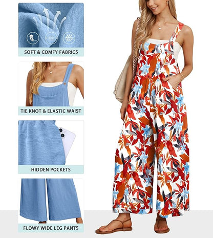 IWOLLENCE Women's Summer Jumpsuits Boho Wide Leg Overalls Casual Loose Rompers with Pockets 2025
