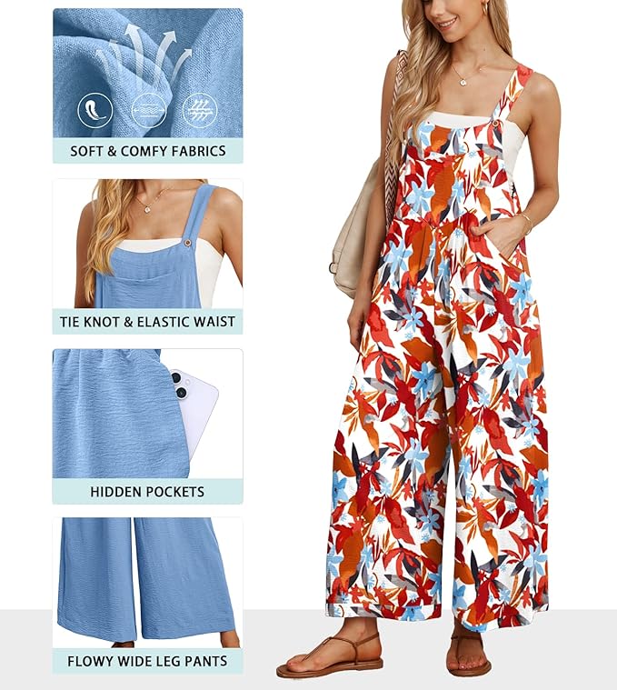 IWOLLENCE Women's Summer Jumpsuits Boho Wide Leg Overalls Casual Loose Rompers with Pockets 2025