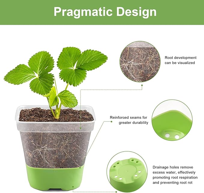 12 Packs 3 Inch Square Plastic Nursery Pots, Clear Plant Pot with Soft Silicone Base for Easy Transplant, Flower Pots with Drainage Holes, Reusable Seedling Pots Starter Pots