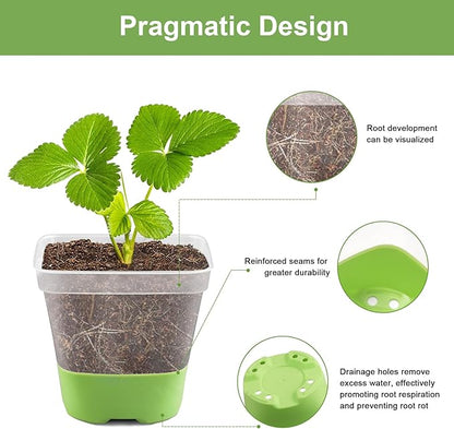 24 Pack 3 Inch Square Plastic Nursery Pots, Clear Plant Pot with Soft Silicone Base for Easy Transplant, Flower Pots with Drainage Holes, Reusable Seedling Pots