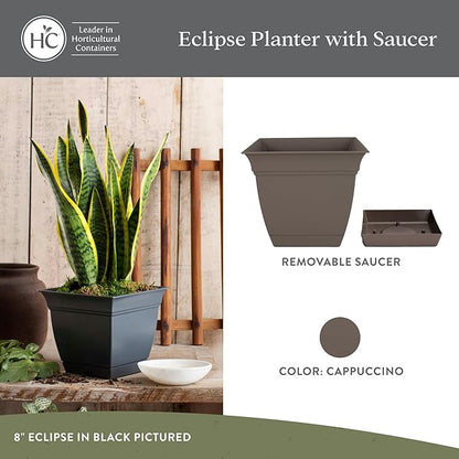 The HC Companies 12 Inch Eclipse Square Planter Pots with Drainage Holes & Attached Saucer, Lightweight UV-Resistant Plastic Indoor Outdoor Planters, 2-Pack Flower Pots, Garden Home Decor, Cappuccino
