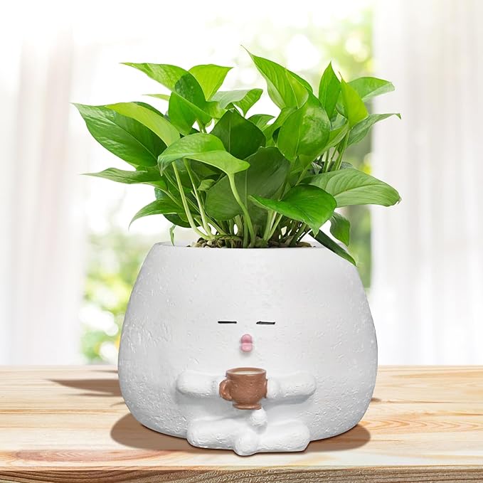 Smily Face Planter Pot with Coffee Cup Cute Resin Flower Head Planters for Indoor Outdoor Unique Sit Succulent Pots with Drainage Hole Gift IdeaI for Mother Christmas (White)
