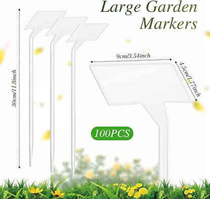 202 Pcs Large Plant Labels Kit, Include 100 Outdoor Plastic Plant T Type Tags Waterproof Reusable Plant Markers Stakes, 100 PET Films and 2 Marker Pens for Garden Herbs Flowers Pot (White, 11.8 Inch)