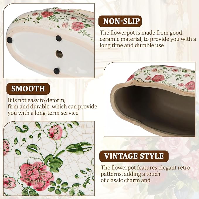 8.6" Large Vintage Ceramic Planter Ice Cracked Farmhouse Rectangle Pots with Drainage Hole Pots for Indoor Outdoor Plants Home Kitchen Windowsill Office Shelf Rustic Decor Gift(Rose)