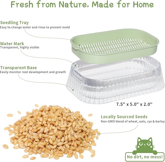 Cat Grass for Indoor Cats with 5Pack Non GMO Seeds, Organic Grass Growing Kit, Soil-Free Planter, Perfect for Beginners, Ideal Birthday Gift for Cat Lovers
