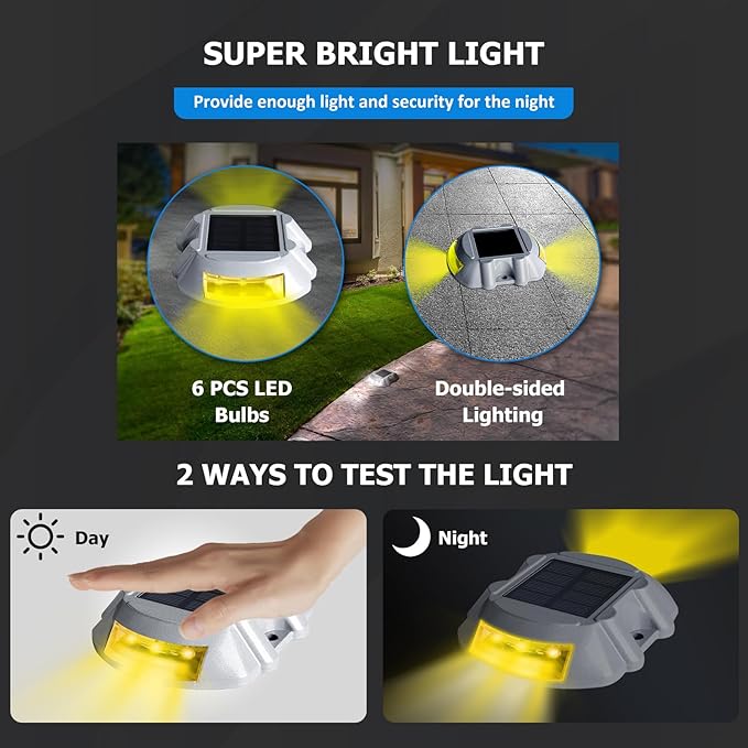 JIGUOOR Solar Deck Lights LED Driveway Lights Solar Powered Dock Light Outdoor IP68 Waterproof Road Markers for Step Sidewalk Stair Boat Garden Ground Pathway Yard (Yellow, 1 Pack)
