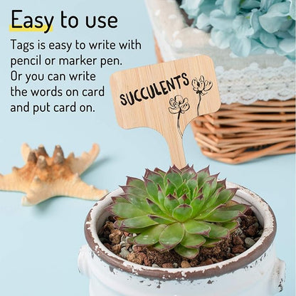 Whaline 30Pcs Bamboo Plant Labels with A Marker Pen, T-Type Wooden Plant Marker Garden Sign Tags Garden Markers for Seed Potted Herbs Flowers Vegetables (6 x 10 cm)