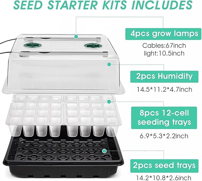 Seed Starter Tray with Grow Light, 192-Cell Seed Starter Kit, Seedling Starter Trays with Humidity Domes, Automatic Timer, Adjustable Light Indoor Gardening Plant Germination Trays