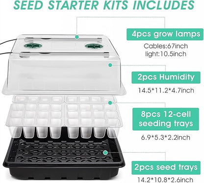 Seed Starter Tray with Grow Light, 192-Cell Seed Starter Kit, Seedling Starter Trays with Humidity Domes, Automatic Timer, Adjustable Light Indoor Gardening Plant Germination Trays