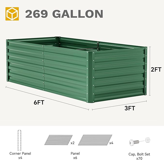 DWVO 2pcs 6 x 3 x 1 FT Raised Garden Bed Kit, Outdoor Galvanized Flower Bed with Gloves, Large Metal Planter Box for Vegetables, Flowers, Herbs, Fruits, Green