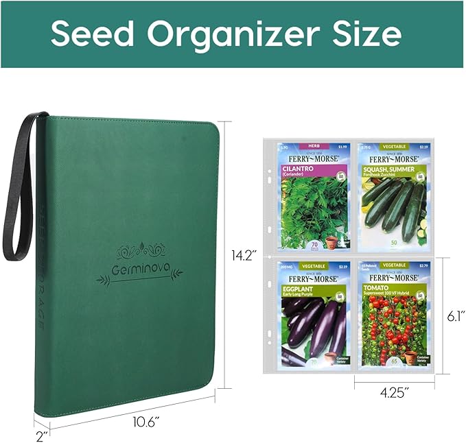 Zippered Seed Storage Organizer Binder with Handle, Gardening Seed Saving Kit, Holds 120+ Seed Envelopes, Fit Flower, Plant and Vegetable for Seed Packets