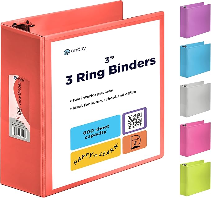 3 Inch Binder 3 Ring Binders Red, Slant D-Ring 3” Clear View Cover with 2 Inside Pockets, Heavy Duty Colored School Supplies Office and Home Binders – by Enday
