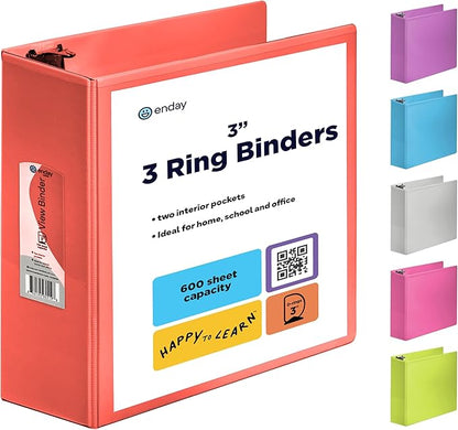 3 Inch Binder 3 Ring Binders Red, Slant D-Ring 3” Clear View Cover with 2 Inside Pockets, Heavy Duty Colored School Supplies Office and Home Binders – by Enday