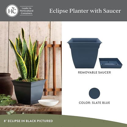 The HC Companies Eclipse Square Plastic Planter w/ Attached Saucer - Outdoor & Indoor Plant Pot with Drainage Holes - Lightweight, UV-Resistant Plastic Pots For Plants (8" Slate Blue, Pack of 1)