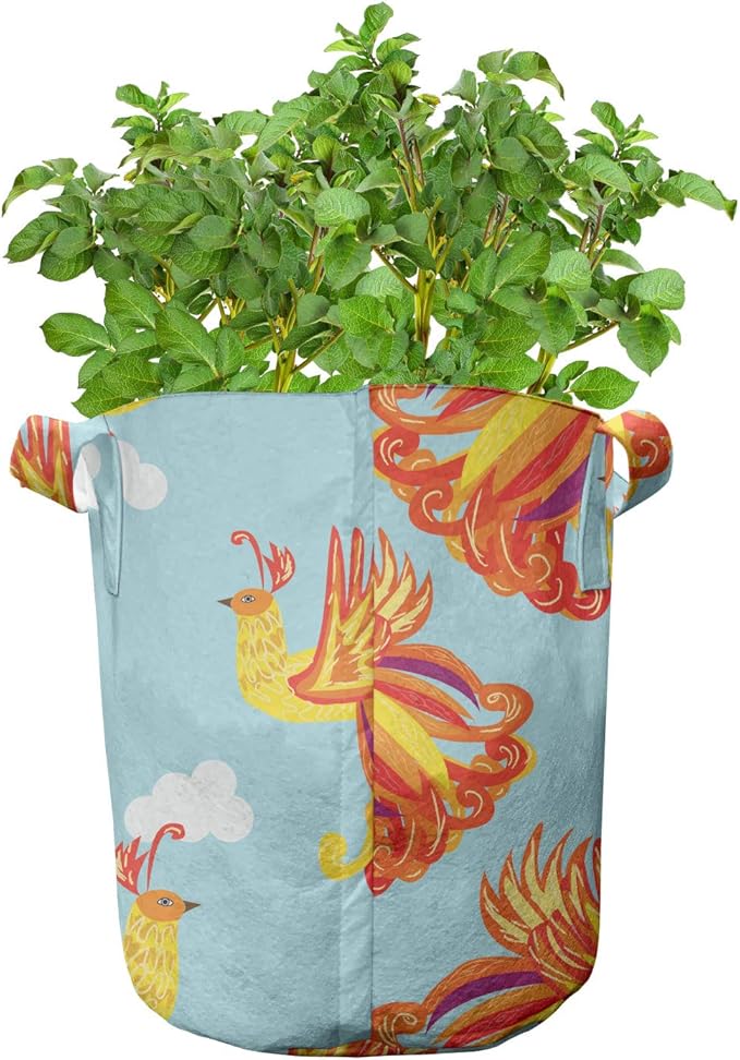 Ambesonne Phoenix Grow Bags 5-Pack, Bird Feathers Illustration, Heavyduty Fabric Pots with Handles for Plants, Vermilion Pale Blue