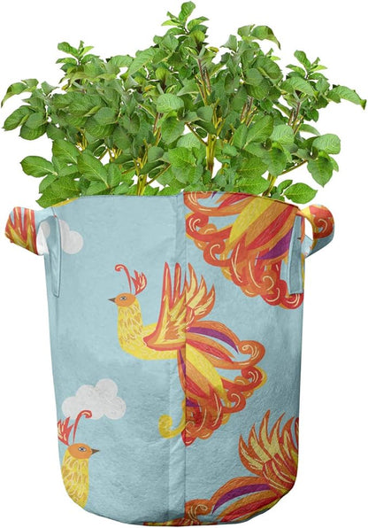 Ambesonne Phoenix Grow Bags 5-Pack, Bird Feathers Illustration, Heavyduty Fabric Pots with Handles for Plants, Vermilion Pale Blue