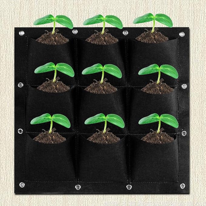 Plant Pocket, 9 Pocket Vertical Greening Hanging Wall Garden Grow Plant Bags Planter, Great for Growing Herbs, Flowers and Vegetables at Window(Black)