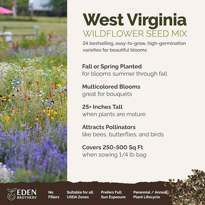 Eden Brothers West Virginia Wildflower Mixed Seeds for Planting, 1/4 lb, 120,000+ Seeds with Cornflower, Lupine | Attracts Pollinators, Plant in Spring or Fall, Zones