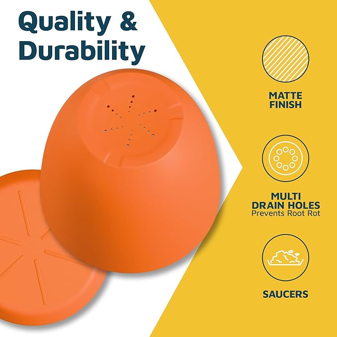 Yellow Plant Pots with Drainage Holes & Saucers 3 Pack, Indoor & Outdoor Stackable Space-Saving Planters for Houseplants & Flowers, (7", 6.7", and 6" Inches), Durable & Weatherproof Materials