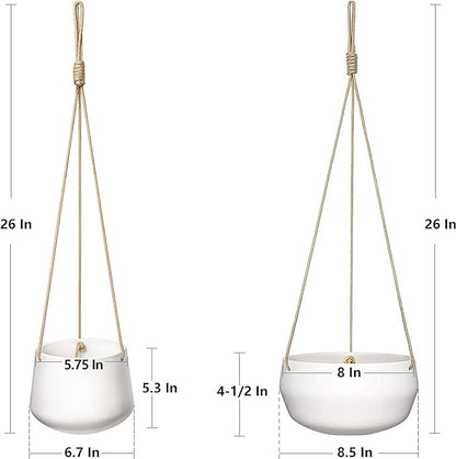 Mkono Ceramic Hanging Planter of Shallow 8 Inch and Deep 6 Inch for Indoor Outdoor Plants, Set of 2 Modern Plant Pot Geometric Porcelain Hanging Basket with Polyester Rope Hanger