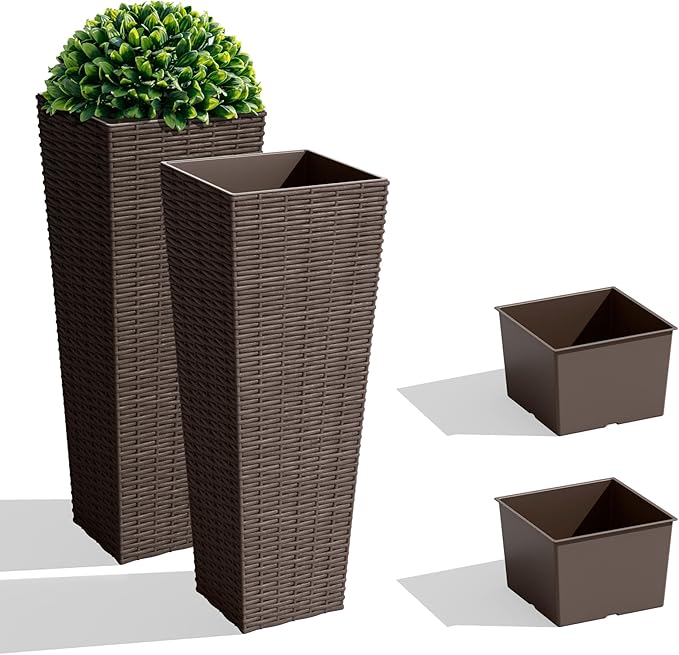 JUMMICO Set of 2 Resin Rattan Tall Planters for Outdoor Plants, Large Tapered Planters with Drainage Holes&Inner Trays, Flower Pots for Garden, Patio, Porch, Backyard (Brown, 24'')
