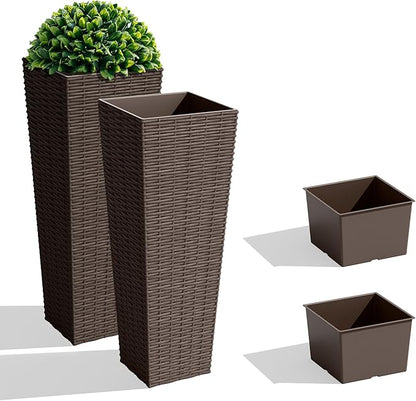 JUMMICO Set of 2 Resin Rattan Tall Planters for Outdoor Plants, Large Tapered Planters with Drainage Holes&Inner Trays, Flower Pots for Garden, Patio, Porch, Backyard (Brown, 24'')