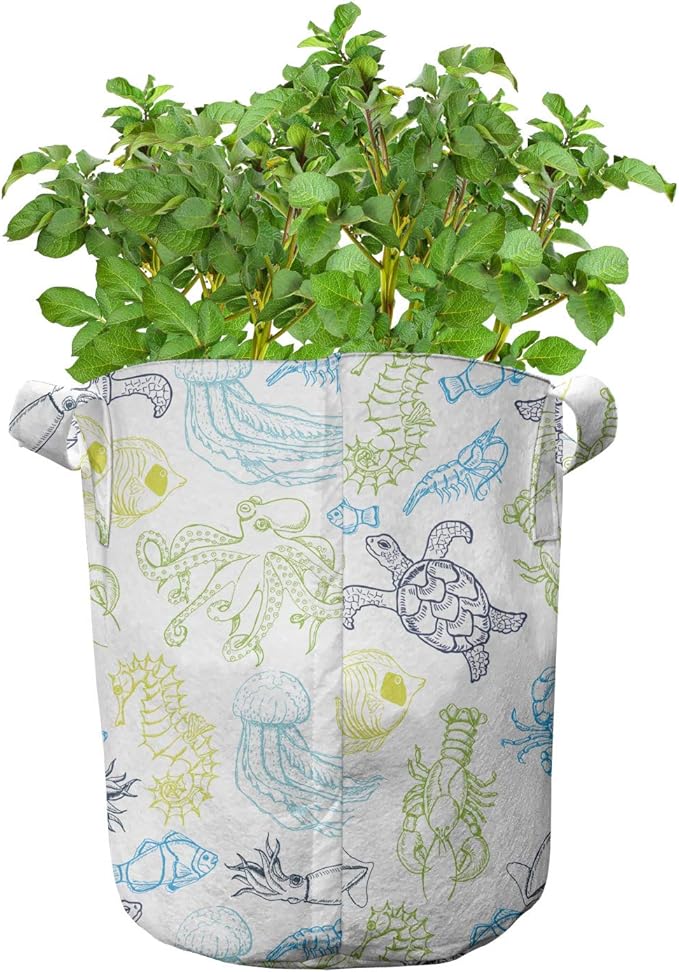 Ambesonne White Damask Grow Bags 5-Pack, Flourish Curls Strokes, Heavyduty Fabric Pots with Handles for Plants, Charcoal Grey