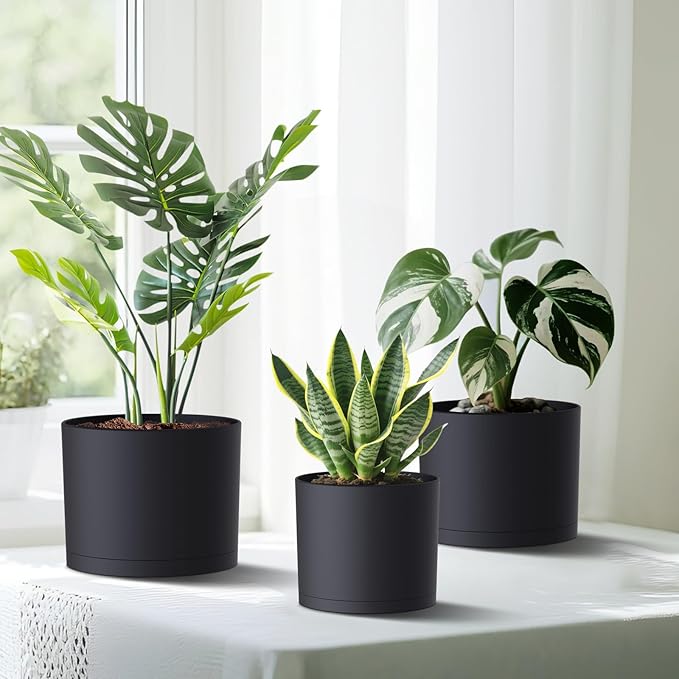 (3 Pack) 10 Inch Plant Pot with Drainage and Saucers, 10/9/8 Inch Plastic Plant Pots for Indoor Plants, Modern Round Planter Set for Flowers, Herbs, Garden Decor (Black)