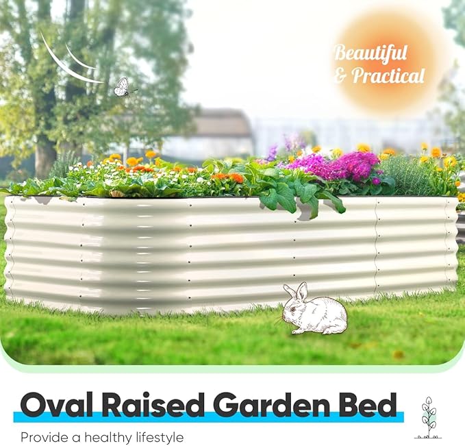 Quictent Galvanized Tall Raised Garden Bed Kit, 8x4x2 ft Oval Large Planting Box, for Vegetables Outdoor Strengthened by Crossbar (Beige)