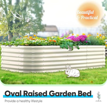 Quictent Galvanized Tall Raised Garden Bed Kit, 8x4x2 ft Oval Large Planting Box, for Vegetables Outdoor Strengthened by Crossbar (Beige)