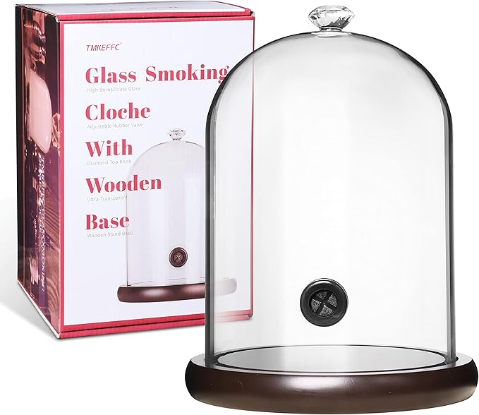 Smoking Cloche For Food Drinks With Wood Base, Cocktails Smoke Infuser Accessory, Glass Dome for Smoker Gun