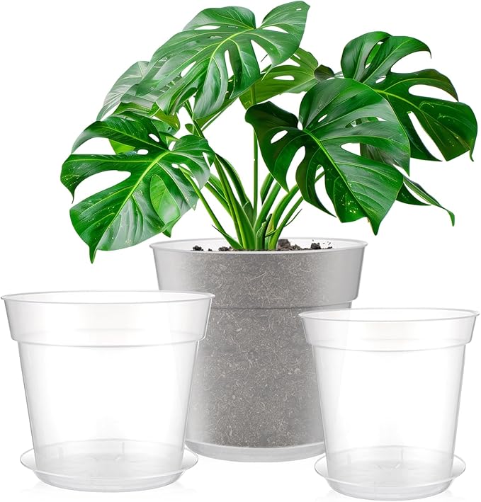 Baderke 3 Pack Clear Nursery Pot Plastic Nursery Pot Large Plant with Drainage Holes for Root Health Indoor Outdoor(8 Inches,9.25inches,9.65inches)