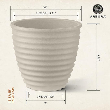 ARBORA 16" Ibiza Polyresin Indoor and Outdoor Planter with Classic Cream Finish - Durable, Weatherproof, Lightweight, Large Plant Pot for Patio, Garden, Deck, Entryway