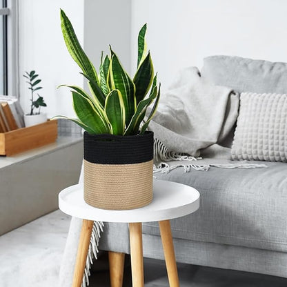 Wicker Plant Basket Indoor, 11" x 11" Jute Spliced Cotton Rope Basket Planter for 10" Pot, Woven Flower Tree Pots Cover, Small Floor Indoor Planters, Modern Bins for Plants and Home Decor
