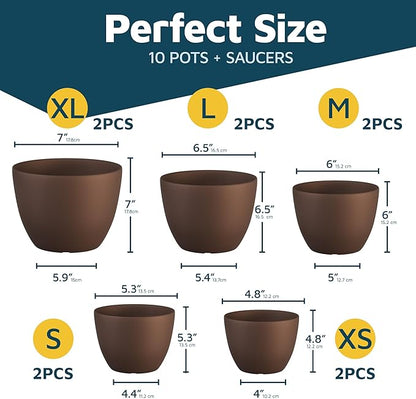 Planter Pots with Drainage Holes - Lightweight, Durable & Space-Saving Pots for Indoor and Outdoor - Versatile Functionality, Simple Modern Design, Set of 10 Plastic Planter Pots - Brown