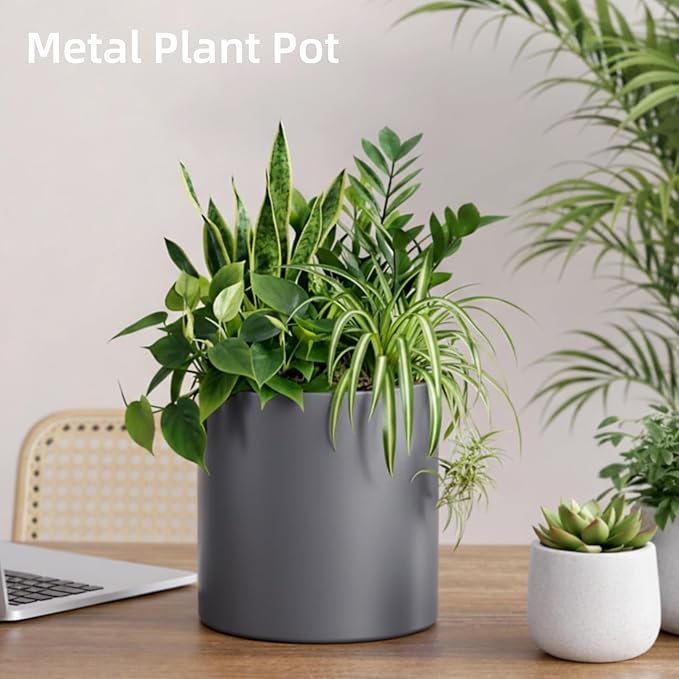 Metal Plant Pot with Drainage Hole,Mid Century Modern 7 inch Round Pot Indoor Outdoor Planters for Decorative Pots of Tabletop Living Room Bedroom Grey