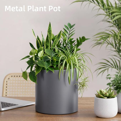 Metal Plant Pot with Drainage Hole,Mid Century Modern 7 inch Round Pot Indoor Outdoor Planters for Decorative Pots of Tabletop Living Room Bedroom Grey