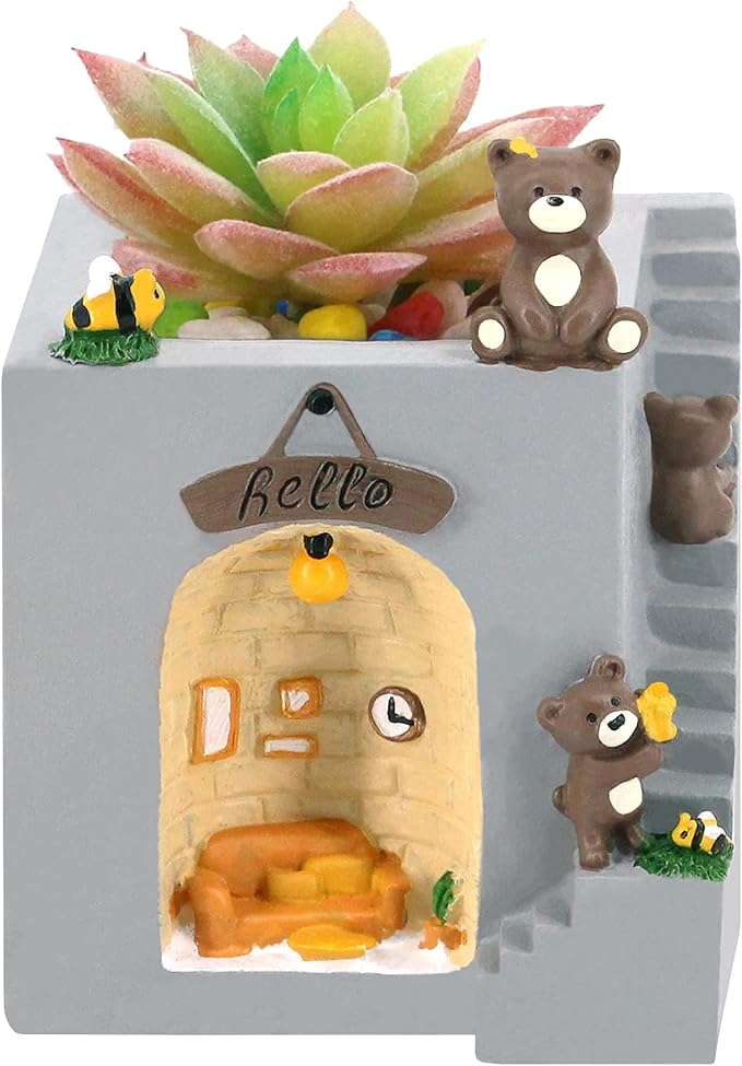 Segreto Creative Stairs Flower Pots Resin Planter Plants Vase with Drainage for Succulent Planting Pot(Bear)