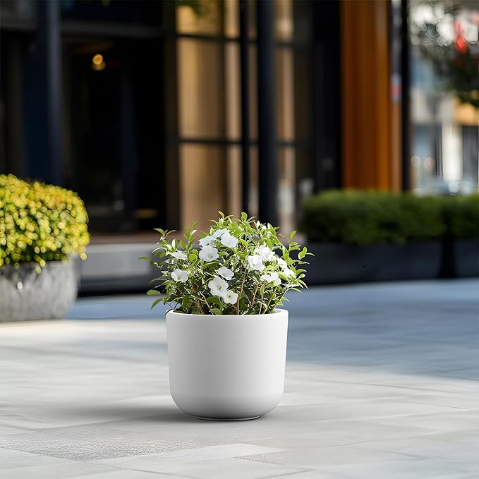 Kante Round Concrete Planter, 13.1 Inch Dia Classic-Style Large Pot with Drainage, White Finish with Painted Interior, for Indoor & Outdoor Plants, Home, Patio and Garden
