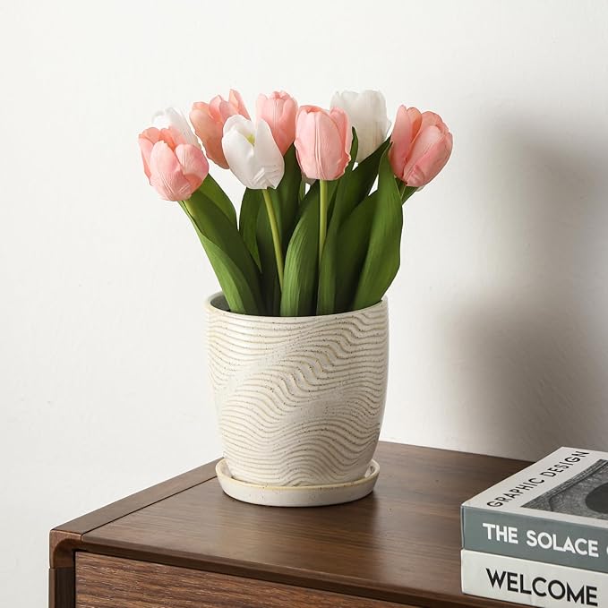 4+5.75 Inch Ceramic Planter Set of 2 with Drainage Hole and Saucer for Plants, Indoor-Outdoor Large Round Succulent Orchid Flower Pot -Reactive Color, Inner-pots not Larger Than 5 Inch