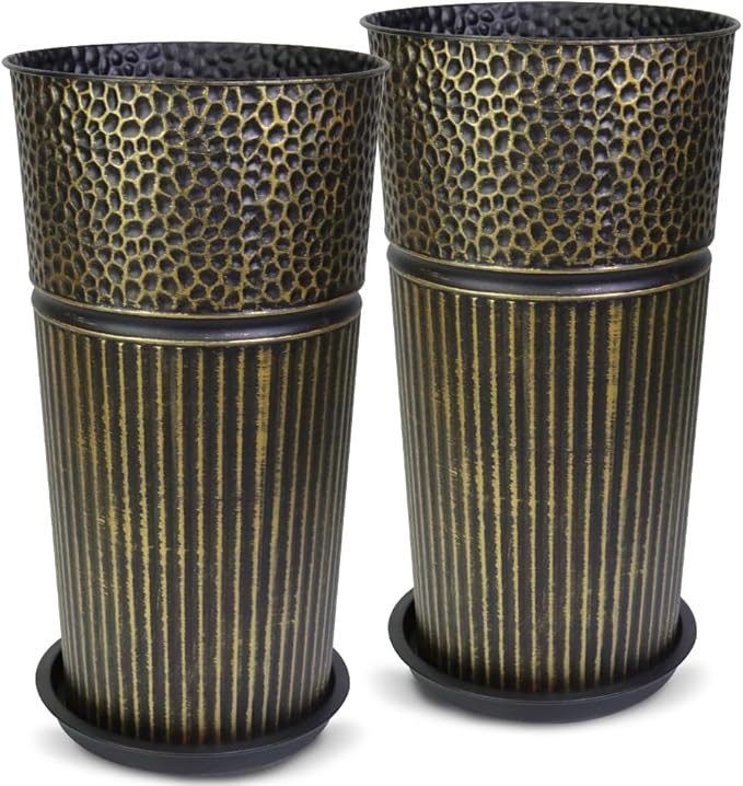 2 Pcs Pack 22 Inches Metal Tall Tapered Planter Pots Large Galvanized Steel Round Planter Flower Pot with Drainage Holes for Indoor Outdoor Deck Porch Garden Home Patio Front Door (Antique Bronze, S)