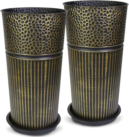 2 Pcs Pack Metal Tall Tapered Planter Pots Large Round Planter Flower Pot with Drainage Holes for Indoor Outdoor Deck Porch Garden Home Patio Front Door (Antique Bronze, L)